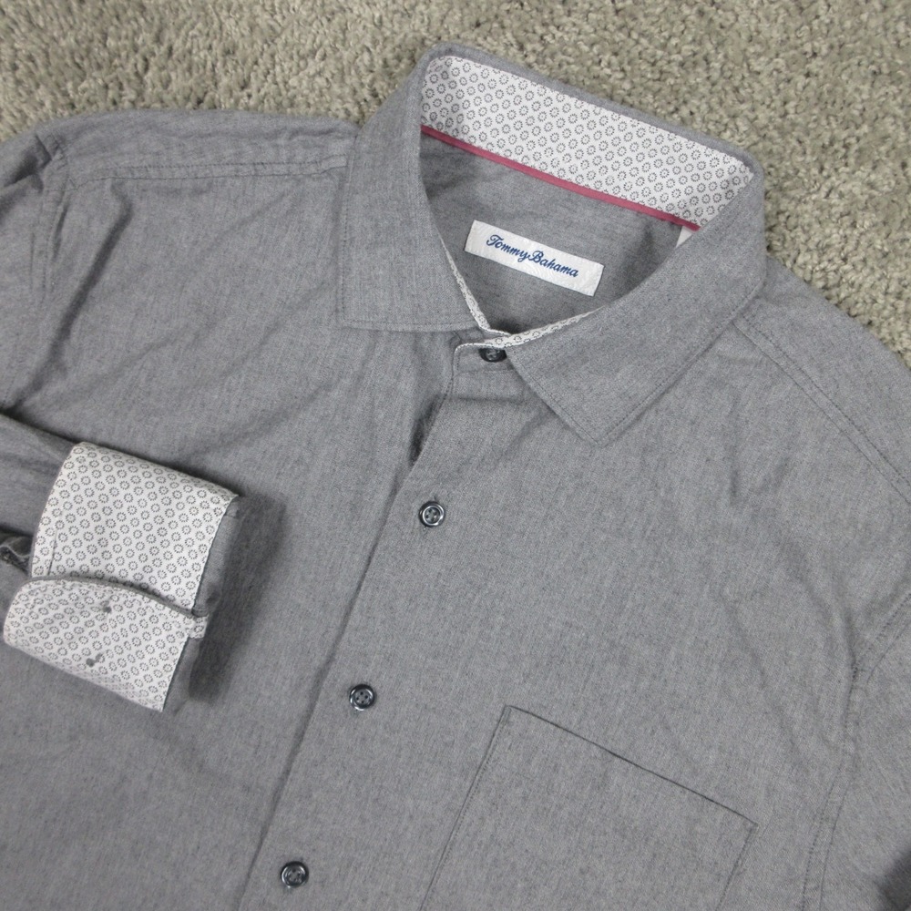 Tommy Bahama Shirt Mens Medium Gray Flip‎ Cuff Cotton Party Pocket Button Up